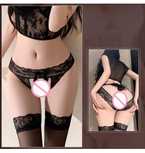 FEE ET MOI - Lace Open-Crotch Strappy Back Panties (Black)